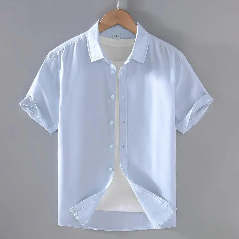 Camicia da uomo in cotone e lino a maniche corte, estiva, stile streetwear, tinta unita, collo alto, casual, stile spiaggia, taglie forti dalla M alla 3XL
