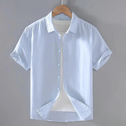 Camicia da uomo in cotone e lino a maniche corte, estiva, stile streetwear, tinta unita, collo alto, casual, stile spiaggia, taglie forti dalla M alla 3XL