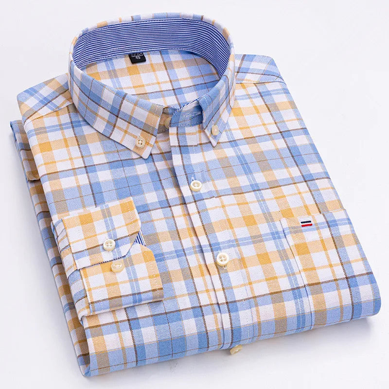 Camicia da uomo a quadri con bottoni a maniche lunghe in cotone 100%, con tasca singola sul petto, vestibilità standard, casual, stile Oxford a quadri e righe