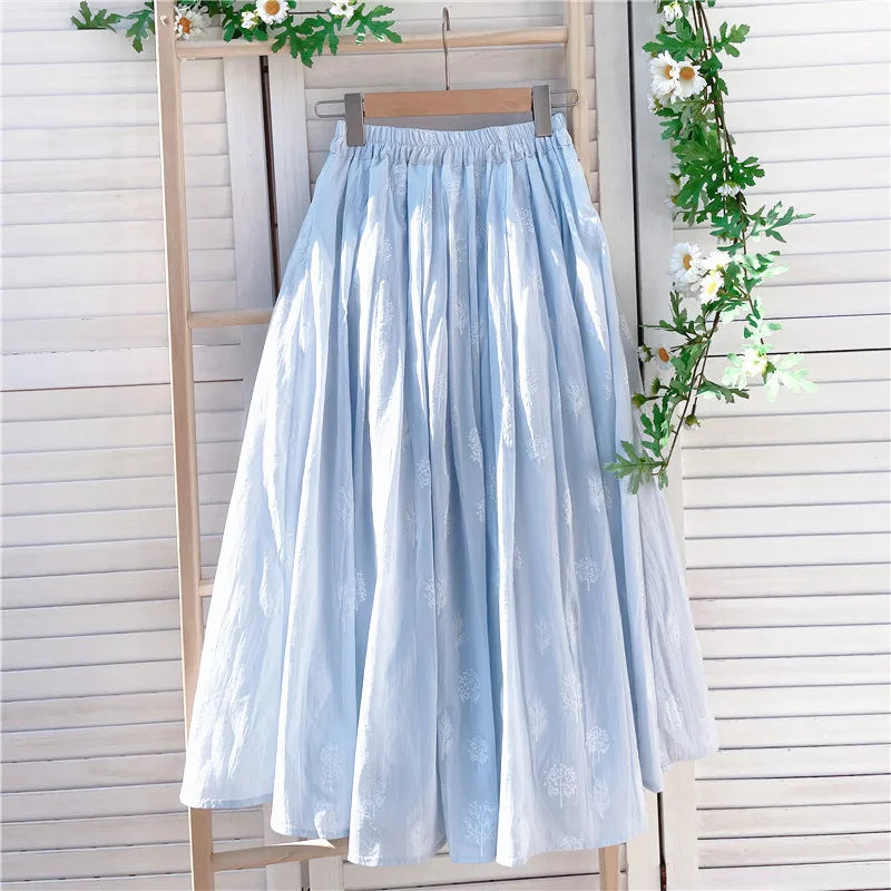 Cotton Linen Blue Midi Pleated Skirt, Fashion Print Skirts For Woman 2025 Summer