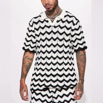 Completo estivo da uomo 2023, nuovo set composto da camicia e pantaloncini in maglia con stampa alla moda, due pezzi, abbigliamento sportivo e casual da uomo.