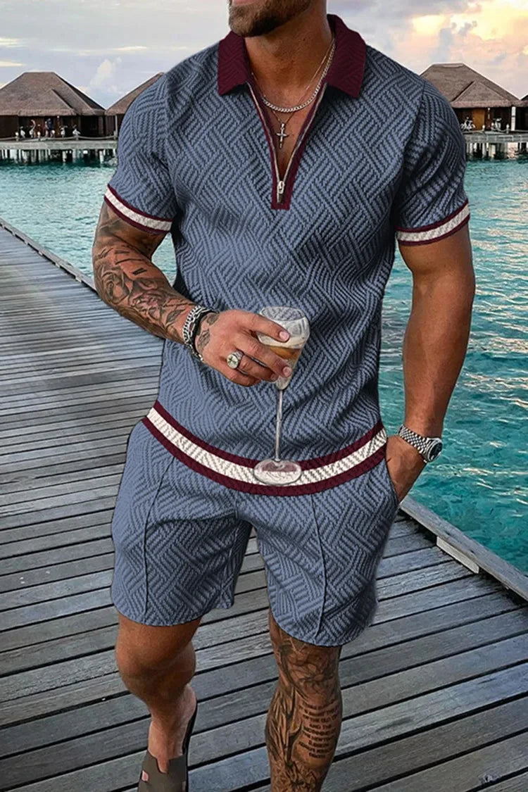 Completo estivo vintage casual a righe con stampa 3D, composto da polo, polo con cerniera e colletto, pantaloncini con cerniera, stile vacanze hawaiane da uomo.