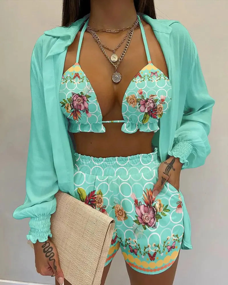 Three Pieces Swimwear Sexy Beachwear 2024 New Bathing Suit Shorts Cover Up Summer High Waist Bikini Set Print Women's Swimsuit