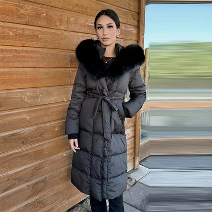 Elegant Fur Collar Hood Belt Long Cotton Jacket Women Zipper Drawstring Waist Parka Down Coat 2025 Winter Lady Warm Chic Outwear