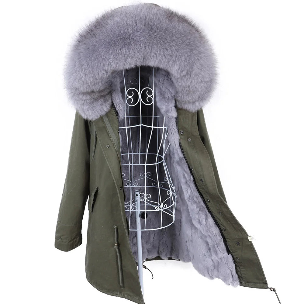 Maomaokong 2022 Giacca invernale da donna Parka lungo Impermeabile Grande pelliccia di volpe naturale vera Collo di pelliccia di procione Cappuccio Fodera in caldo coniglio