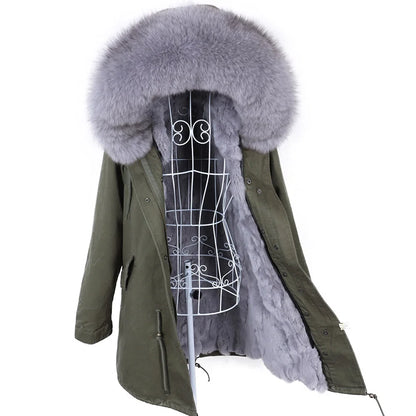 Maomaokong 2022 Giacca invernale da donna Parka lungo Impermeabile Grande pelliccia di volpe naturale vera Collo di pelliccia di procione Cappuccio Fodera in caldo coniglio