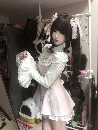 Set di abiti con fiocco in stile giapponese dolce, pantaloncini, abiti da donna a maniche lunghe e camicia a quadri, stile Kawaii Lolita, Y2k