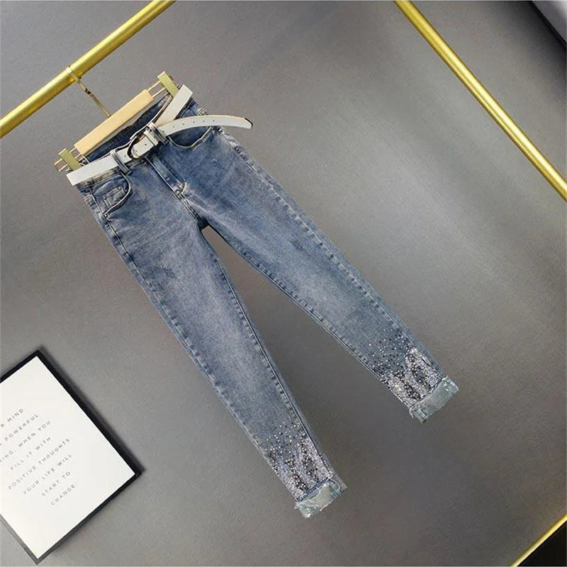 Primavera Estate Nuovi 2025 Jeans slim coreani da donna con paillettes, pantaloni in denim con trafori, pantaloni da cowboy a matita da donna