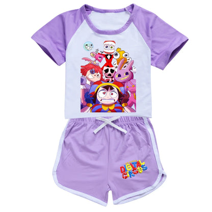 Abbigliamento per ragazzi: fantastico pigiama estivo digitale a tema circo con maglietta a maniche corte in cotone e pantaloncini, costume sportivo per ragazze 2896