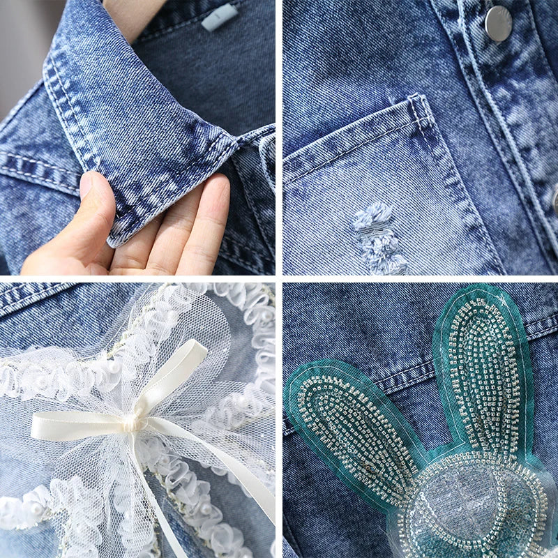 Giacca di jeans per bambine dai 2 ai 12 anni, nuova moda, cappotti in jeans per bambine, grazioso design con coniglietto e fiocco in pizzo, abbigliamento esterno per bambini