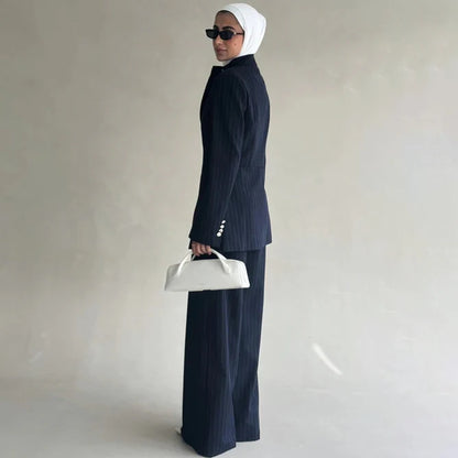 VTKW 2026 Nuovo arrivo da donna blu navy a righe con colletto alla coreana, blazer monopetto, tasche, pantaloni a gamba larga, set casual da ufficio