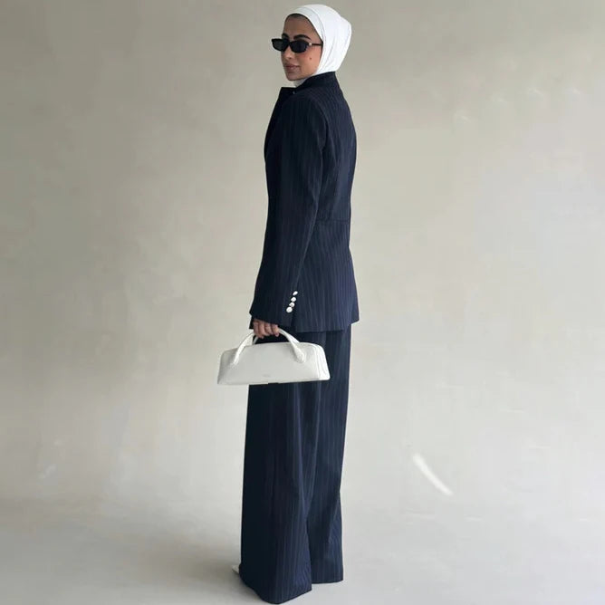 VTKW 2026 New Arrival Women Navy Blue Pinstripe Mandarin Collar Single Breasted Blazer Pockets Wide Leg Pants Set Office Casual
