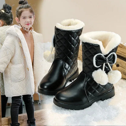Stivali caldi da bambina con fiocco 2025, nuovi stivali da neve invernali per bambini con pelliccia, stivali da principessa alla moda per bambini, impermeabili con plateau