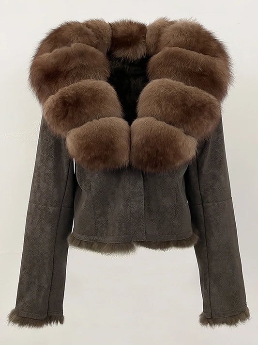 OFTBUY Fashion Short Natural Fox Fur Collar Coat Female New Autumn Winter Fur Clothing Real Rabbit Fur Liner Suede Jacket Women
