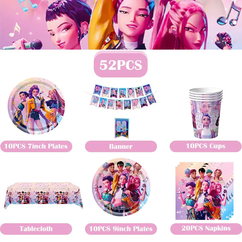 Kpop Demon Hunter Birthday Decoration Set Kpop Girl Cup Pate Happy Balloon Happy Banner Gift Bags Supplies for Kids Party Favors