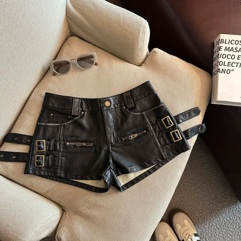 Women's Y2k Hot Girl Low Waist Pu Leather Shorts Lady Streetwear Faux Leather Slim Short Pants
