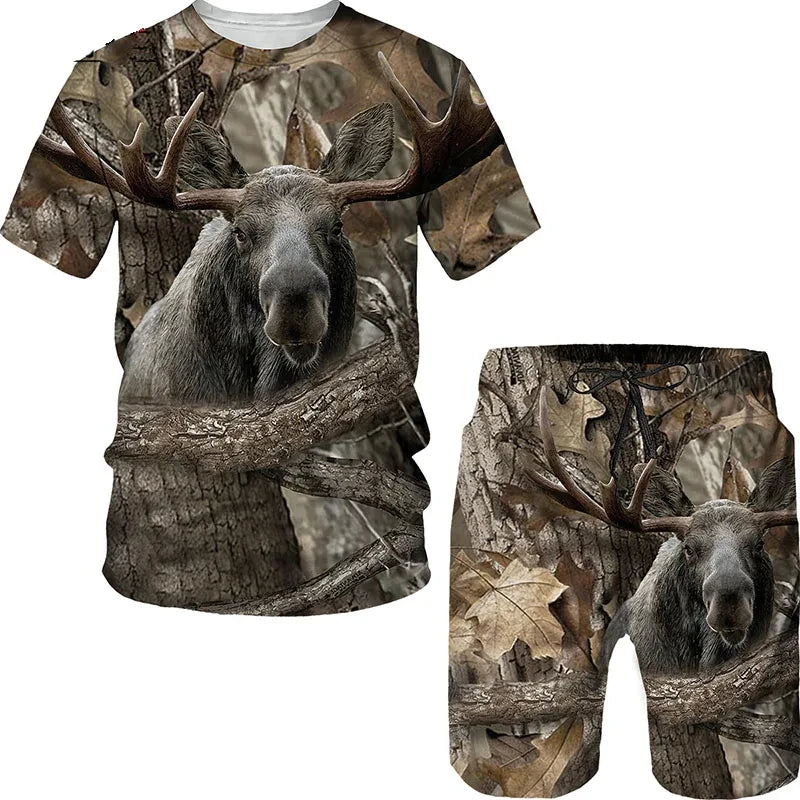 Animal Wild Boar Fox 3D Print 2Pcs set Camouflage Hunting T-Shirt Sets Fashion Men O-Neck Tracksuit Oversized Man Sweatshirt