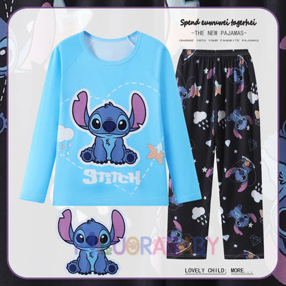 Pigiama per bambini dai 2 ai 14 anni, completo a maniche lunghe per primavera e autunno, set pigiama per bambini con motivo a cartoni animati Stitch, abbigliamento da casa comodo e casual per ragazzi e ragazze.