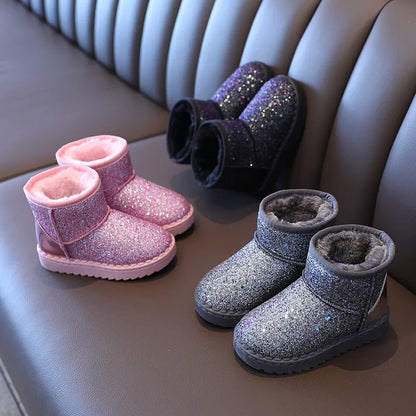 Stivali da neve invernali per bambina, scarpe con pelliccia spessa e scintillante, stivali corti per bambini, caldi, belli, eleganti, slip-on autunnali per adolescenti, scarpe con paillettes
