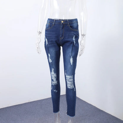 Women Ripped Jeans Tight Fitting Low Waist Skinny Zipper Pockets Woman Blue Denim Pants Lady Y2K 2026 Summer Hole Cropped Pants