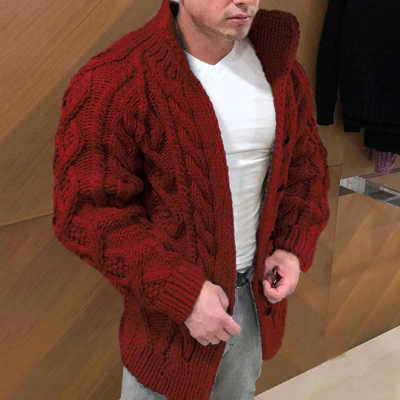 Cardigan/maglione da uomo pesante a maniche lunghe, con collo alto e chiusura monopetto, ideale per l'autunno e l'inverno.