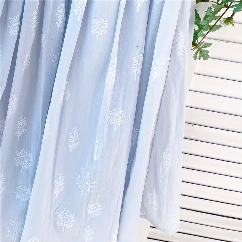 Cotton Linen Blue Midi Pleated Skirt, Fashion Print Skirts For Woman 2025 Summer