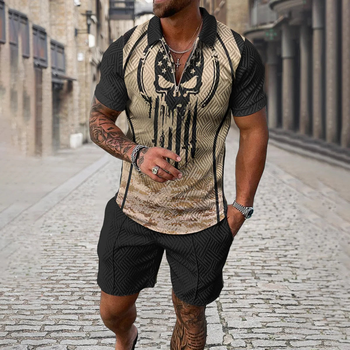 Completo estivo da uomo con stampa 3D, composto da polo con cerniera e pantaloncini, 2 pezzi, stile boho geometrico, abbigliamento per le vacanze.