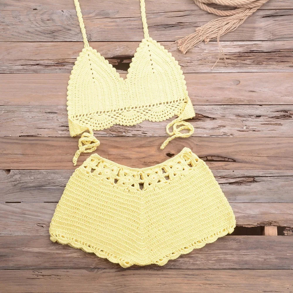 Costume da bagno bikini traforato lavorato a mano, ideale per vacanze al mare, spiaggia, sabbia, due pezzi da donna, con bordo in pizzo e design a gancio, per attività all'aperto e sport.