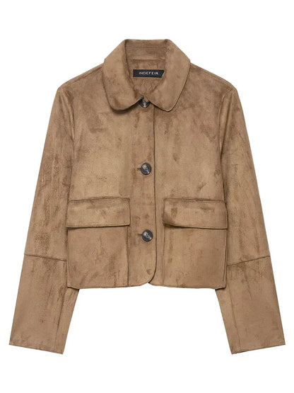 HH Donna Vintage Solid Suede Cappotto Risvolto Monopetto Manica Lunga Giacca Con Tasche Autunno Casual Outwear Giacche Corte