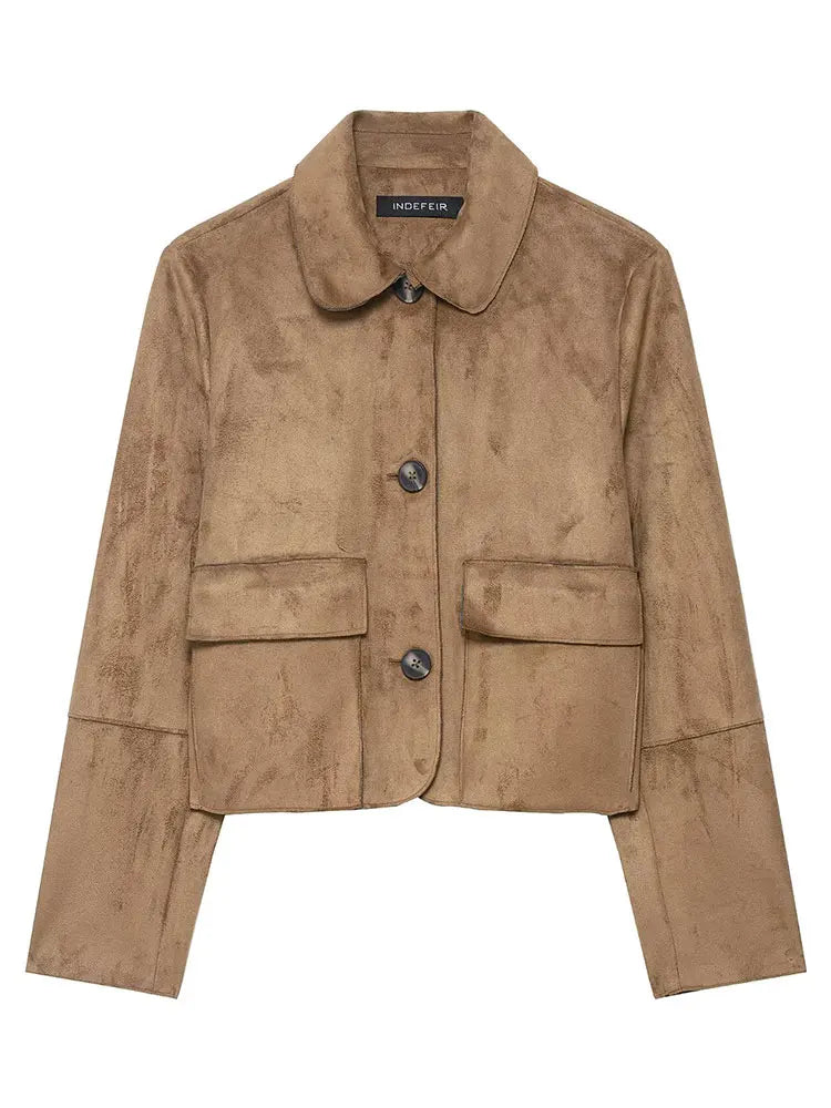 HH Women Vintage Solid Suede Coat Lapel Single Breasted Long Sleeve Jacket With Pockets Autumn Casual Outwear Short Jackets