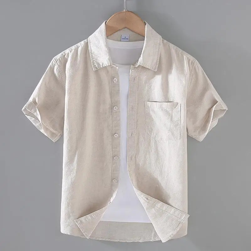 Camicia da uomo in cotone e lino a maniche corte, estiva, stile streetwear, tinta unita, collo alto, casual, stile spiaggia, taglie forti dalla M alla 3XL