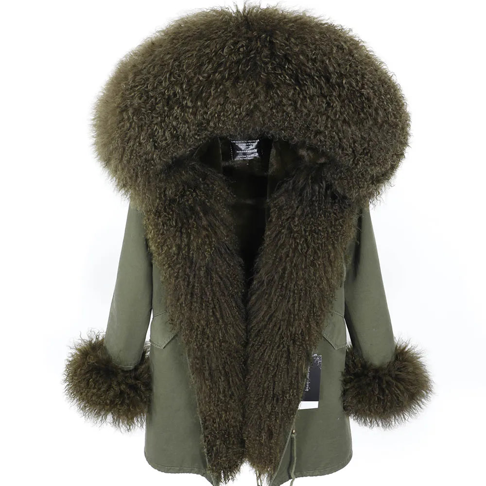 MAOMAOKONG Cappotto invernale in vera pelliccia di volpe da donna, lungo parka, collo in procione naturale, cappuccio, spesso e caldo, fodera in pelliccia staccabile