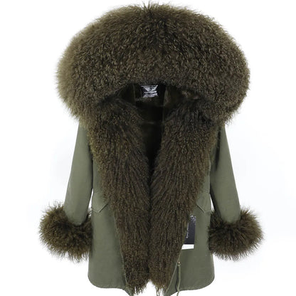 MAOMAOKONG Cappotto invernale in vera pelliccia di volpe da donna, lungo parka, collo in procione naturale, cappuccio, spesso e caldo, fodera in pelliccia staccabile