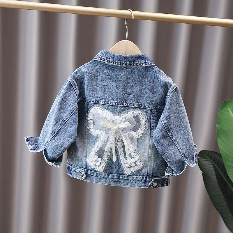 Giacca di jeans per bambine dai 2 ai 12 anni, nuova moda, cappotti in jeans per bambine, grazioso design con coniglietto e fiocco in pizzo, abbigliamento esterno per bambini