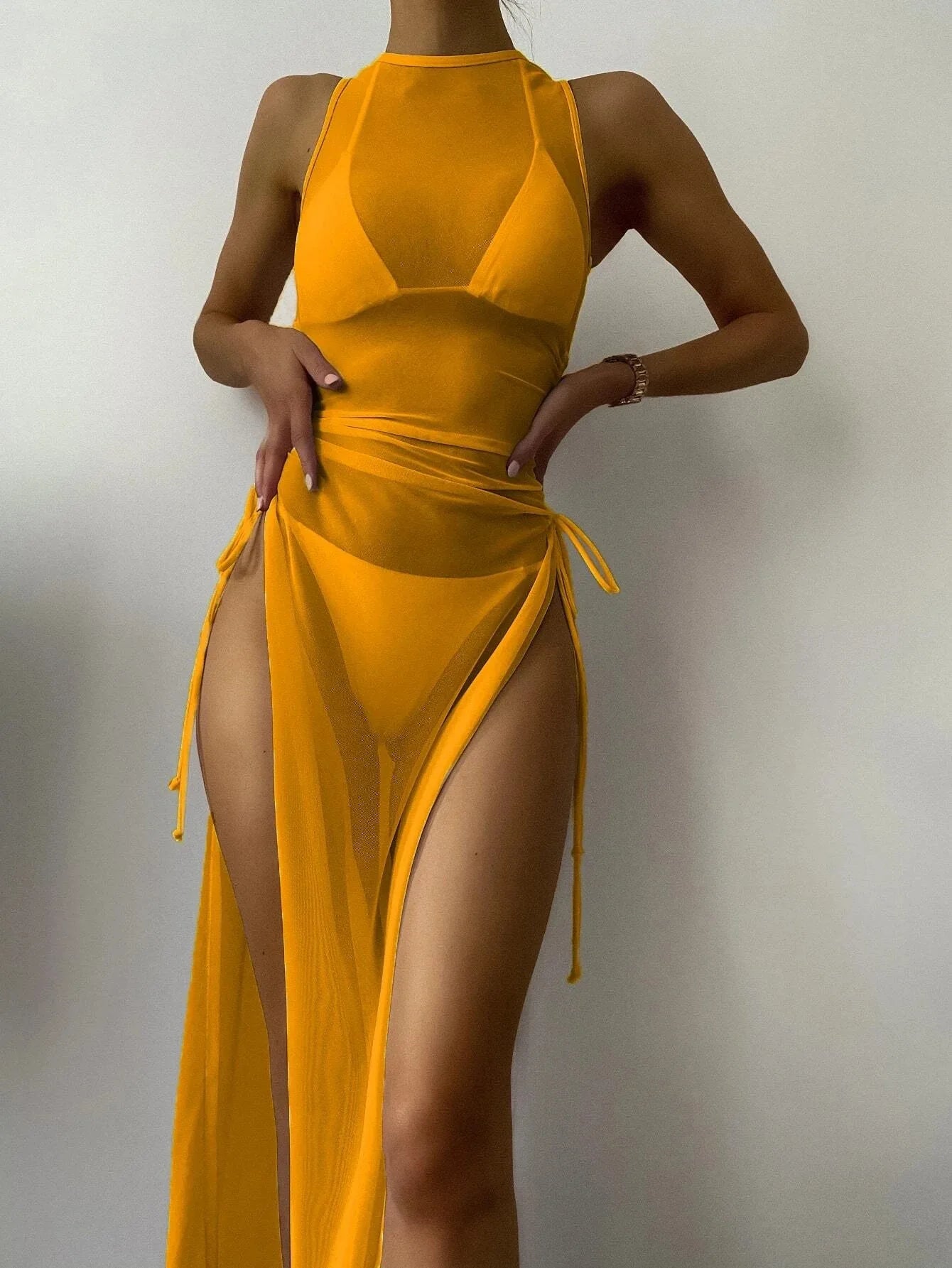 Women'S Bikini Set Solid Color Printing 3-Piece Set Beach Sexy Tight Low Waist Mesh Drawstring Split Style