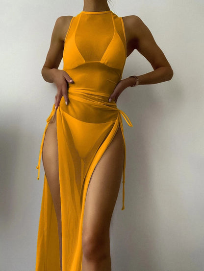 Women'S Bikini Set Solid Color Printing 3-Piece Set Beach Sexy Tight Low Waist Mesh Drawstring Split Style
