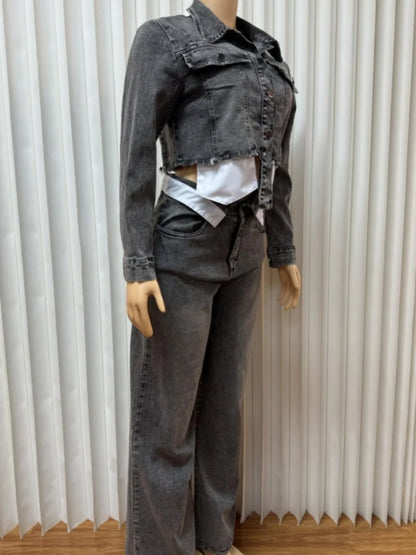 Streetwear Denim 2 pezzi Set da donna Outfit Abbigliamento autunnale Donna Jeans a maniche lunghe Giacca corta Jeans dritti Pantaloni Set Tuta