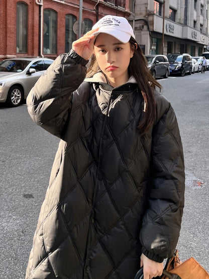 Women's Mid-Length Lightweight down Cotton Jaet Diamond id Knitted Coat Knee-High Winter Faion Korean Sle Loose Fit