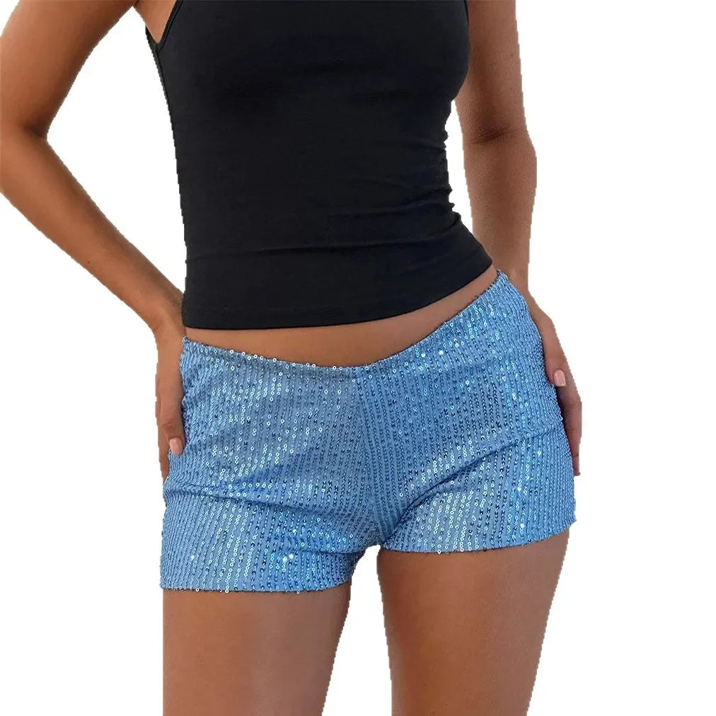 Fashionable Slim Fit Sequin Solid Color Black Mid Waist Sexy Straight Leg Women's Shorts 2025 Multicolor Hot Pants