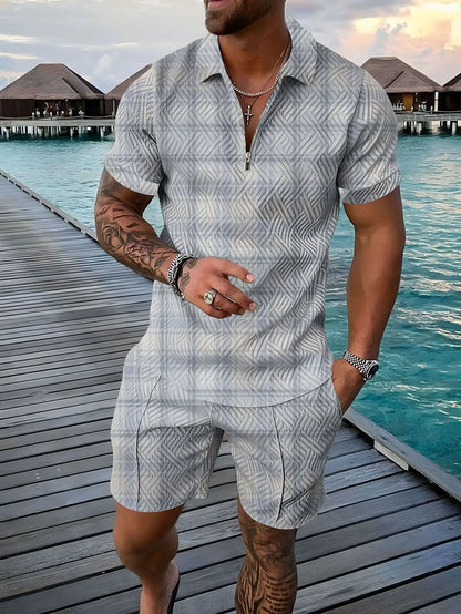 Completo estivo vintage casual a righe con stampa 3D, composto da polo, polo con cerniera e colletto, pantaloncini con cerniera, stile vacanze hawaiane da uomo.