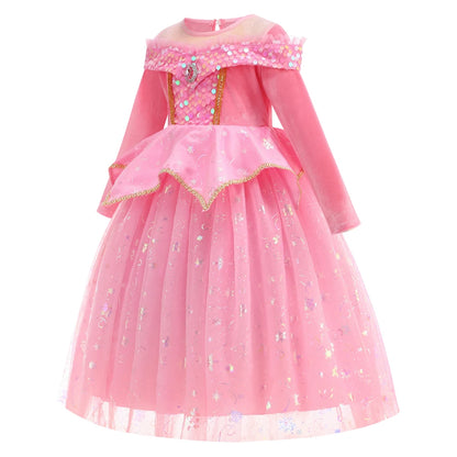 Costumi di Halloween per bambine, abiti da festa rosa per bambine, abito da principessa Aurora, costume cosplay della Bella Addormentata, set di travestimenti fantasy.