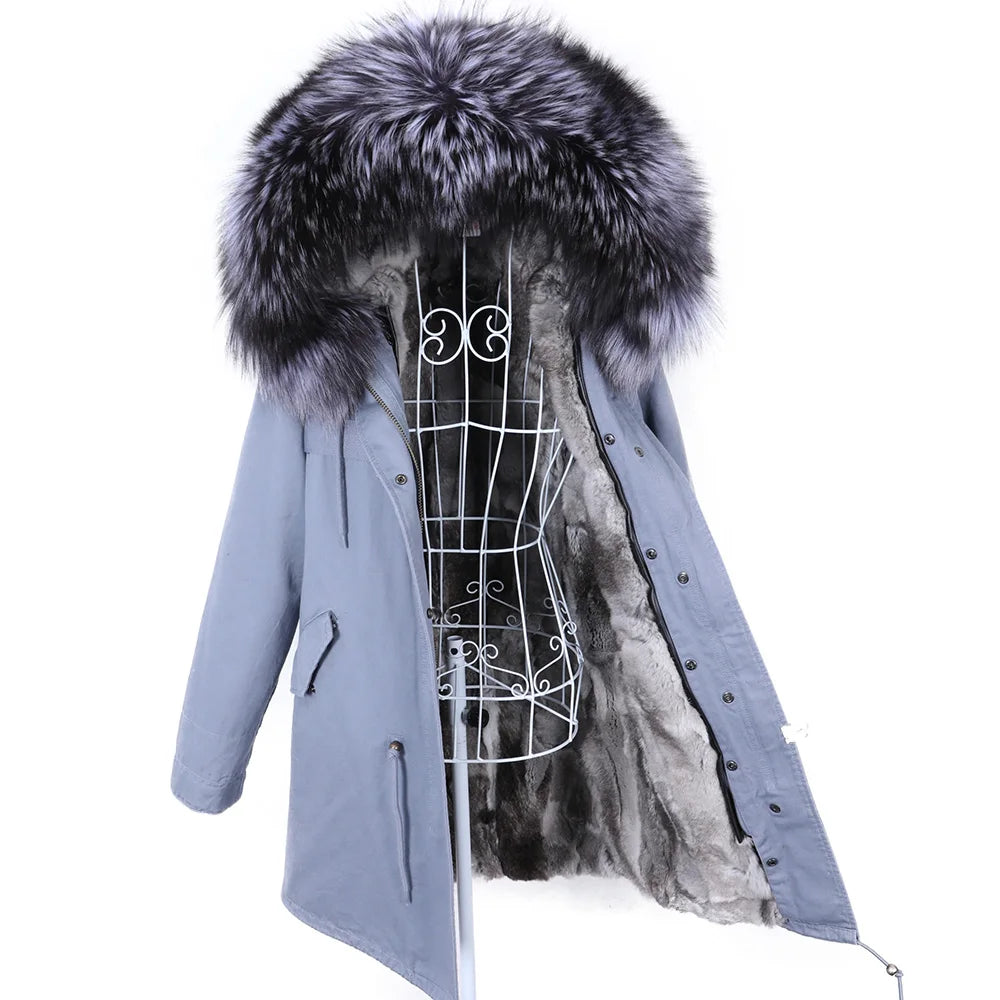 Maomaokong 2022 Giacca invernale da donna Parka lungo Impermeabile Grande pelliccia di volpe naturale vera Collo di pelliccia di procione Cappuccio Fodera in caldo coniglio