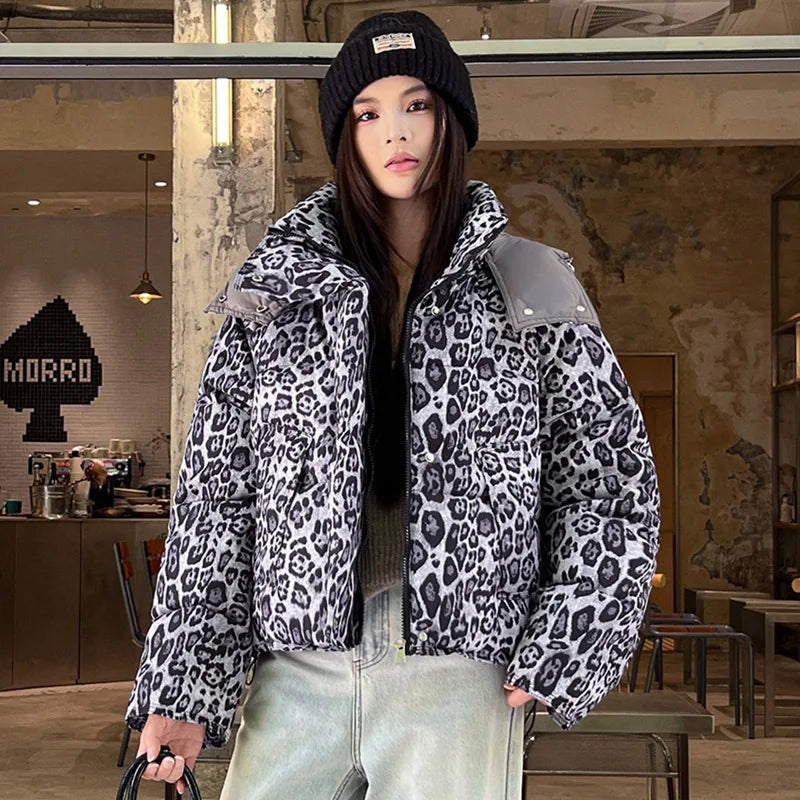 American Retro Short Cotton Jacket Women's Leopard Print Loose Hooded Padded Clothes Fashion Stand Collar Thickened Quilted Coat