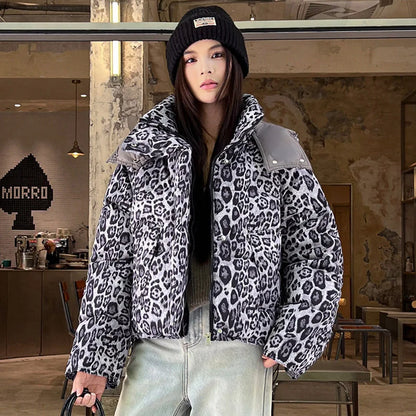 American Retro Short Cotton Jacket Women's Leopard Print Loose Hooded Padded Clothes Fashion Stand Collar Thickened Quilted Coat