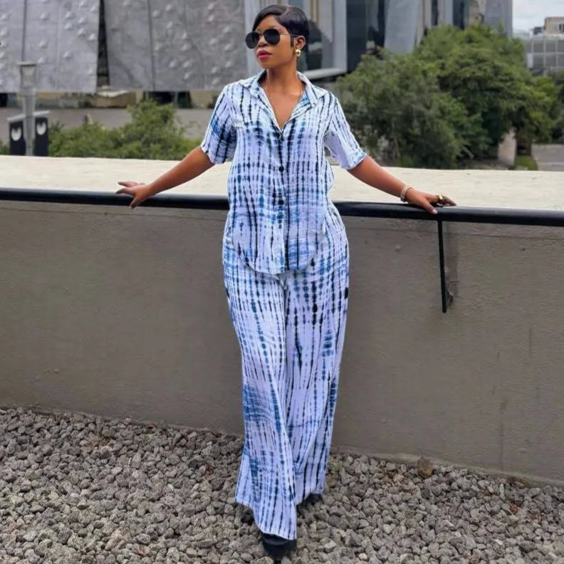 Women Two Piece Sets Pant Set Turn Down Collar Short Sleeve Shirt Wide Leg Long Pants Elastic Waist Y2k Streetwear Casual Loose