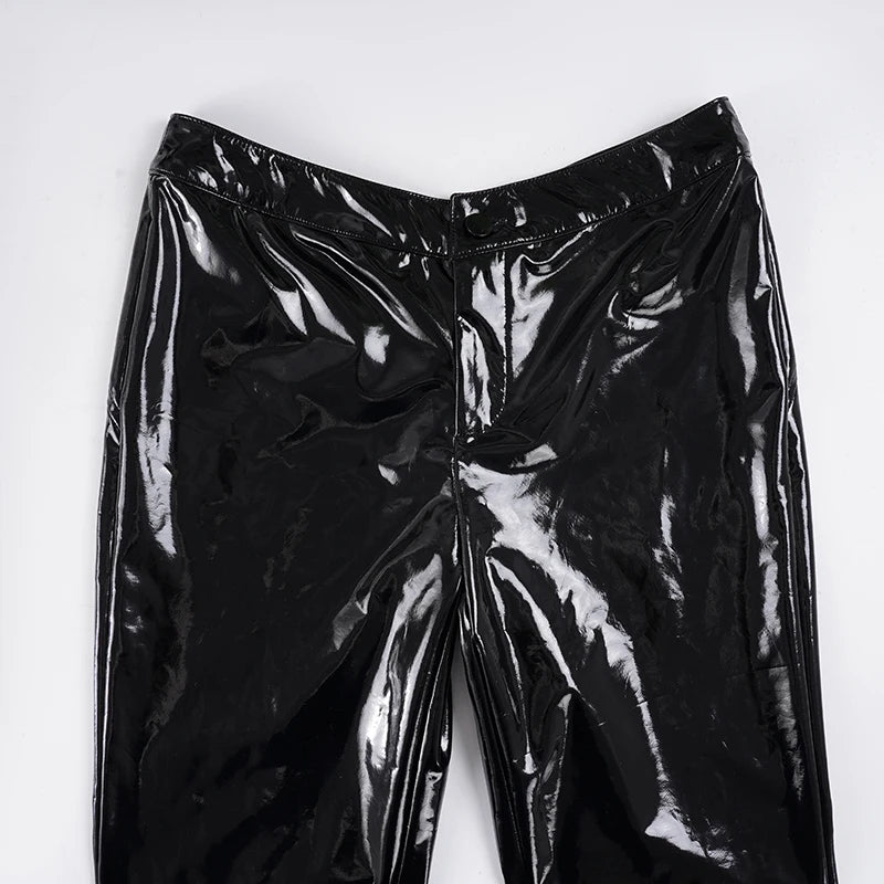 Dark Slim-Fitting Pu Leather Pants Punk Style Sexy Solid Low-Waisted Flare Pants Women 2025 Autumn Winter Fashion Streetwear
