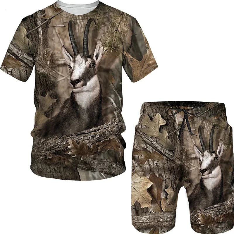 Animal Wild Boar Fox 3D Print 2Pcs set Camouflage Hunting T-Shirt Sets Fashion Men O-Neck Tracksuit Oversized Man Sweatshirt