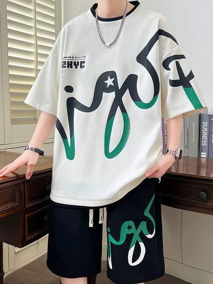 Completo estivo da uomo 2025, abbigliamento sportivo coreano a due pezzi per uomo, abbigliamento da uomo alla moda, set da jogging, set t-shirt + pantaloncini, po