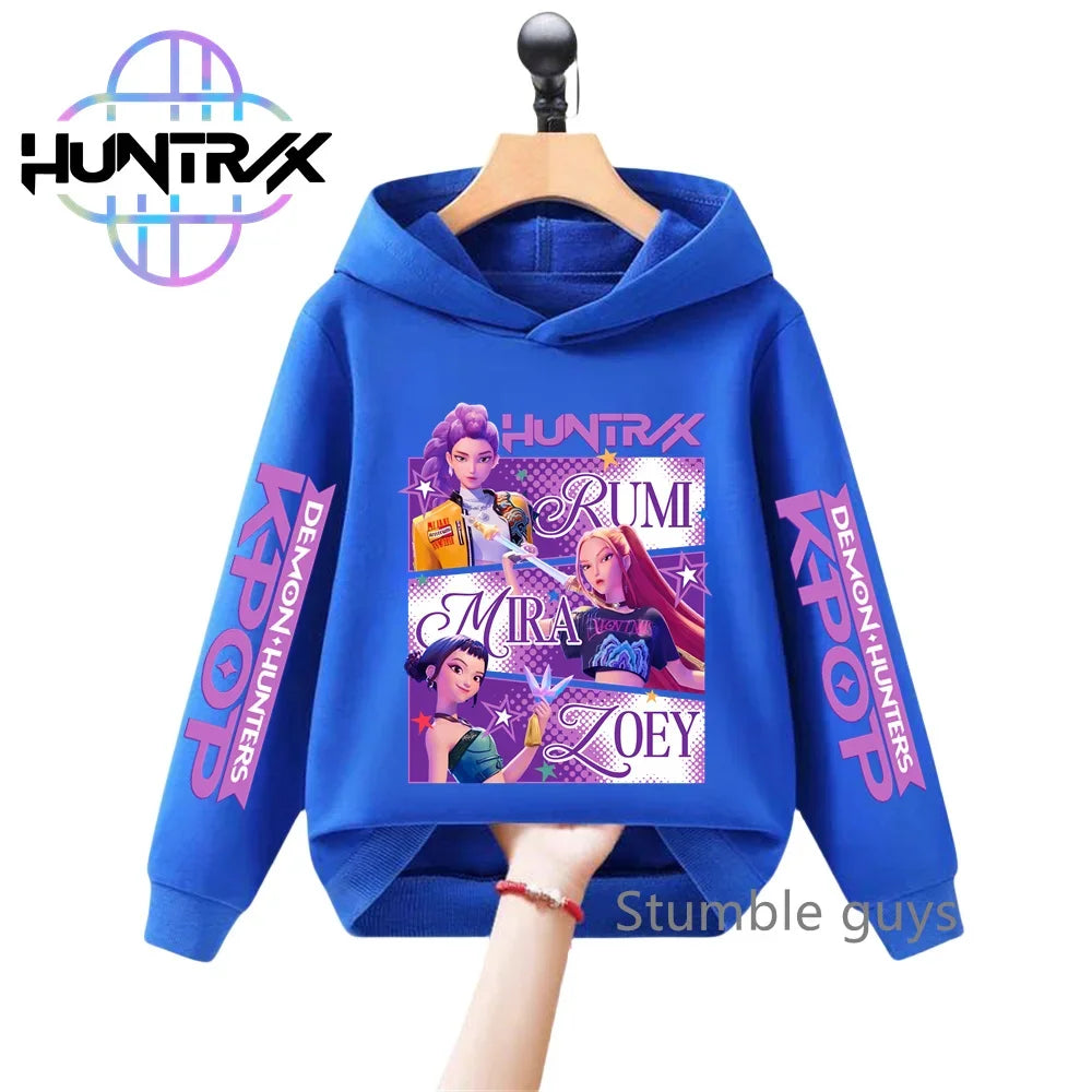 Felpa con cappuccio a maniche lunghe per bambini con stampa anime autunnale KPop Demon Hunters, abbigliamento sportivo, vestiti casual per ragazzi e ragazze.