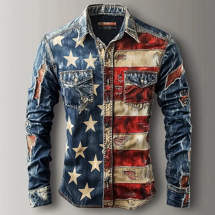 Camicia vintage da uomo a maniche lunghe con bandiera americana, patriottica, con bottoni, stile streetwear, casual, comoda, in poliestere, vestibilità slim